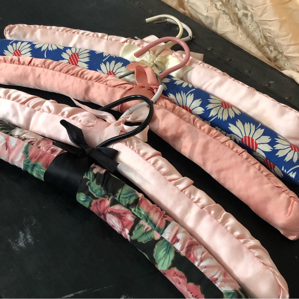 Vintage Lot of 5 Padded Satin/ Floral Fabric Boudoir Lingerie Clothes Hangers.